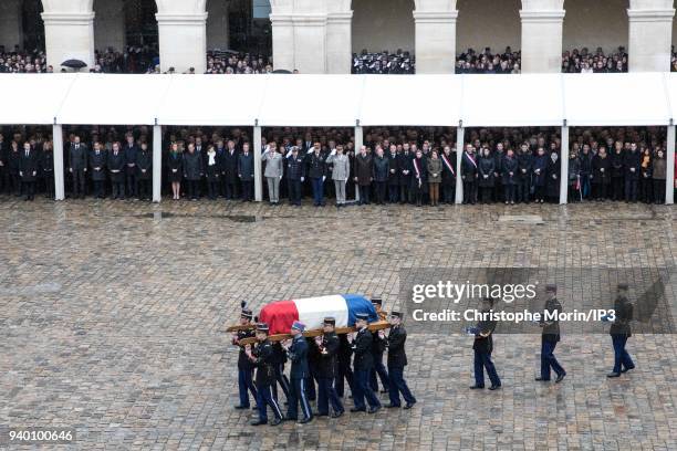 Coffin's arrival at the national tribute to Colonel Arnaud Beltrame at Hotel des Invalides on March 28, 2018 in Paris, France. The French police...