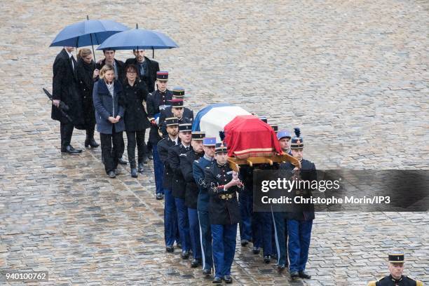 Departure from the coffin at the end of the ceremony, in the presence of Marielle Beltrame, her wife and her mother Nicolle Beltrame during the...