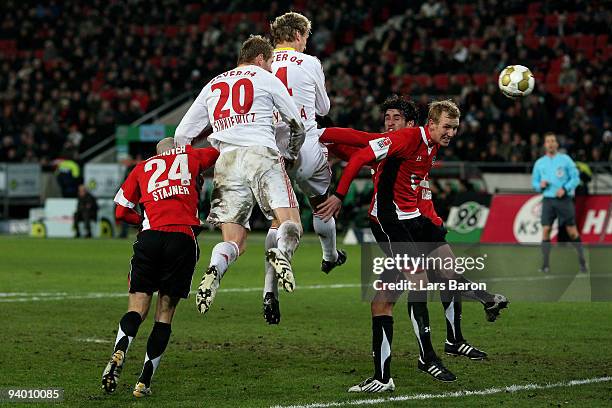 Sami Hyypiae of Leverkusen heads the ball to the goal during the Bundesliga match between Hannover 96 and Bayer Leverkusen at AWD-Arena on December...