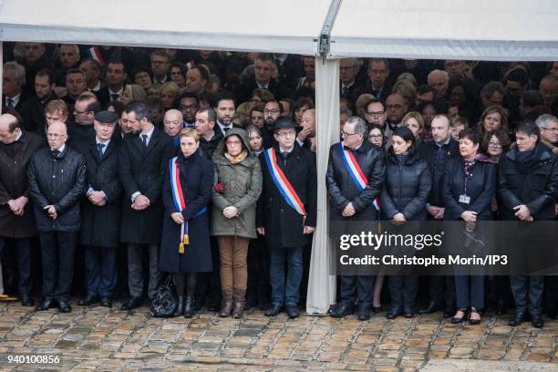 Parliamentarians attends a national tribute to Colonel Arnaud Beltrame at Hotel des Invalides on March 28, 2018 in Paris, France. The French police...