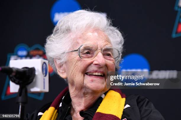 Sister Jean Dolores Schmidt speaks in a press conference during Practice Day for the 2018 NCAA Photos via Getty Images Men's Final Four at the...