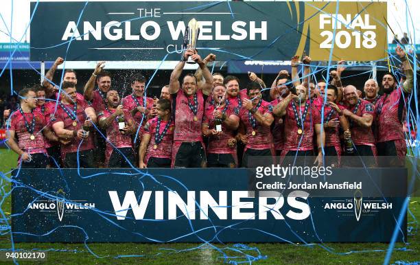 Kai Horstmann of Exeter Chiefs lifts the Anglo-Welsh Cup after wiining the Final between Bath Rugby and Exeter Chiefs at Kingsholm Stadium on March...