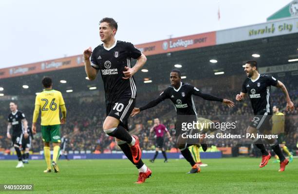 Fulham's Tom Cairney celebrates scoring his side's second goal of the game during the Sky Bet Championship match at Carrow Road, Norwich.