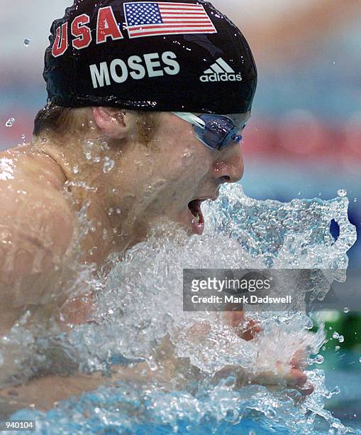 Ed Moses of the USA on his way to winning the 200 Breaststroke final at the 2001 Telstra FINA World Cup Swimming, held at the Melbourne Sports and...