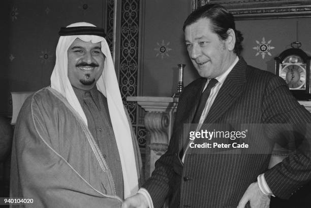 British Labour politician Anthony Crosland , the Foreign Secretary, greets Sultan bin Abdulaziz Al Saud , the Saudi Arabian Minister of Defence, at...