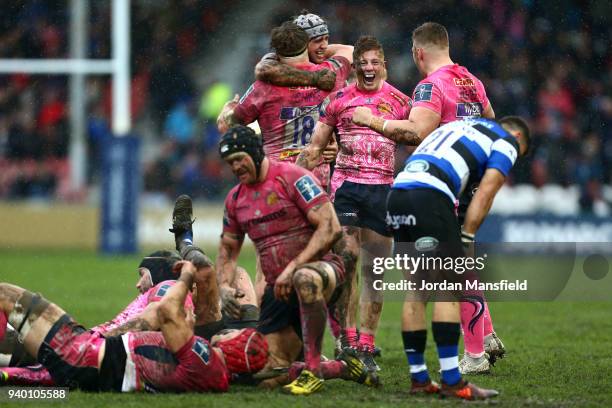 Exeter Chiefs players celebrate after winning the Anglo-Welsh Cup Final between Bath Rugby and Exeter Chiefs at Kingsholm Stadium on March 30, 2018...