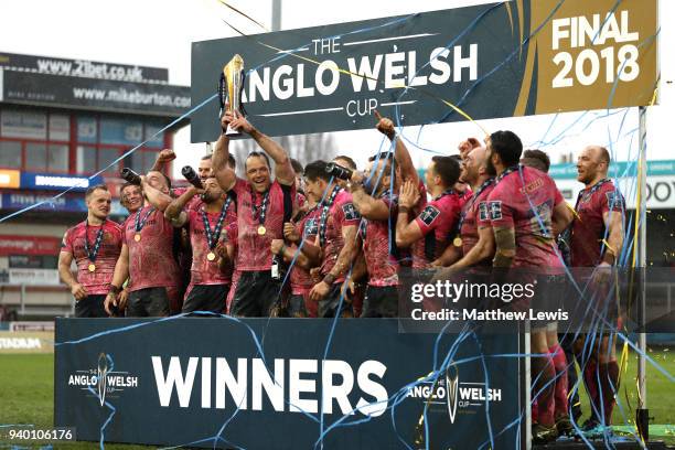 Exeter Chiefs players celebrate winning the Anglo-Welsh Cup Final between Bath Rugby and Exeter Chiefs at Kingsholm Stadium on March 30, 2018 in...