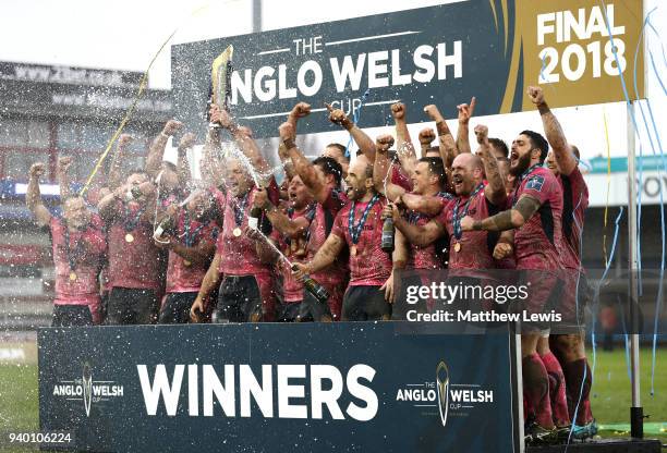 Exeter Chiefs players celebrate winning the Anglo-Welsh Cup Final between Bath Rugby and Exeter Chiefs at Kingsholm Stadium on March 30, 2018 in...