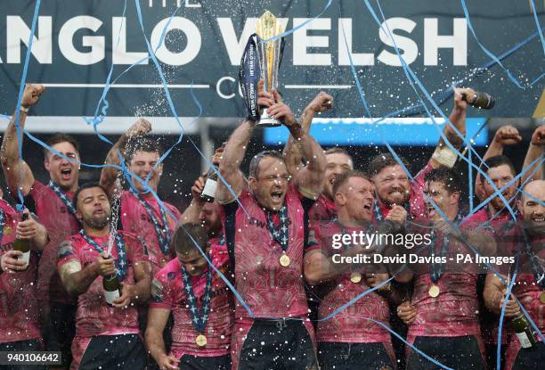 Exeter captain Kai Horstmann lifts the trophy after victory over Bath in the Anglo-Welsh Cup Final at Kingsholm, Gloucester.