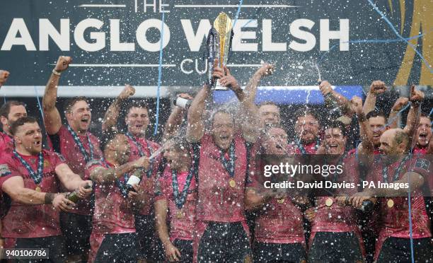 Exeter captain Kai Horstmann lifts the trophy after victory over Bath in the Anglo-Welsh Cup Final at Kingsholm, Gloucester.