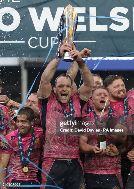 Exeter captain Kai Horstmann lifts the trophy after victory over Bath in the Anglo-Welsh Cup Final at Kingsholm, Gloucester.