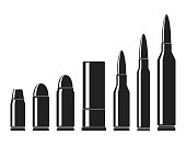 Cartridges icons vector set. A collection of bullets icons isolated on white background. Weapon ammo types and size in flat style. Vector illustration