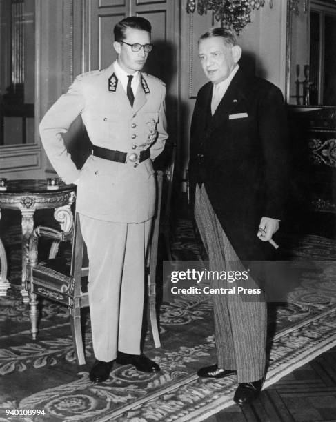 French President René Coty with King Baudouin of Belgium at the Royal Palace in Brussels, during an official visit to Belgium, 9th July 1958.