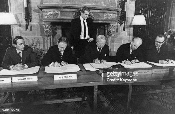 The Sunningdale Agreement for the Council of Ireland is signed at Sunningdale Park, Berkshire, 9th December 1973. From left to right, Oliver Napier...
