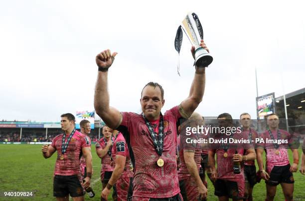 Exeter captain Kai Horstmann lifts the trophy after victory over Bath in the Anglo-Welsh Cup Final at Kingsholm, Gloucester.