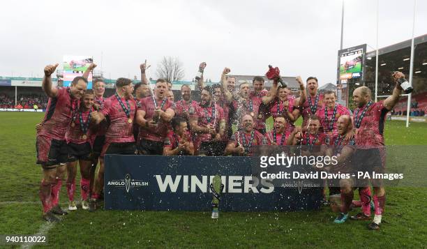 Exeter celebrate their victory over Bath in the Anglo-Welsh Cup Final at Kingsholm, Gloucester.