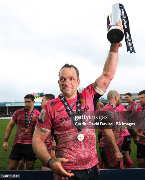 Exeter captain Kai Horstmann lifts the trophy after victory over Bath in the Anglo-Welsh Cup Final at Kingsholm, Gloucester.