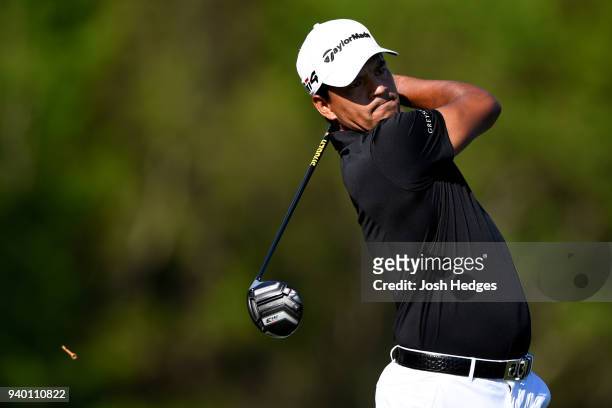 Fabian Gomez of Argentina plays his shot from the eighth tee during the second round of the Houston Open at the Golf Club of Houston on March 30,...