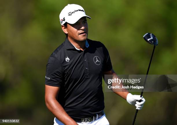 Fabian Gomez of Argentina watches his tee shot on the eighth hole during the second round of the Houston Open at the Golf Club of Houston on March...