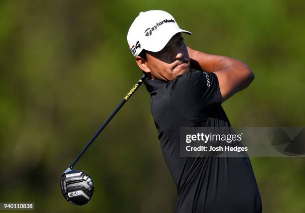 Fabian Gomez of Argentina plays his shot from the eighth tee during the second round of the Houston Open at the Golf Club of Houston on March 30,...