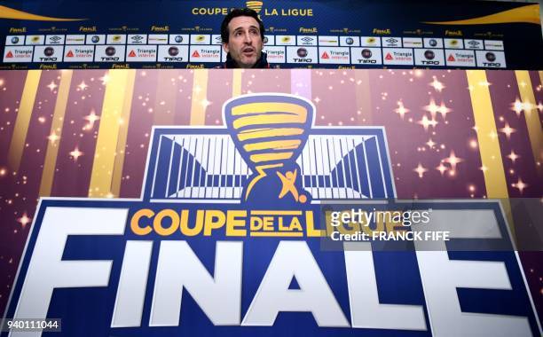 Paris Saint-Germain's Spanish headcoach Unai Emery gives a press conference at the Matmut Atlantique Stadium in Bordeaux, southwestern France, on...