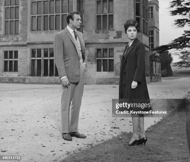 Actors Sean Connery and Gina Lollobrigida filming 'Woman Of Straw', on location at Audley End House near Saffron Walden, Essex, 1963.