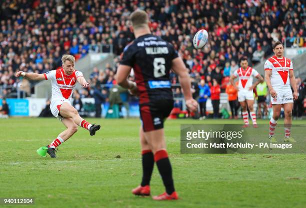 St Helens' Danny Richardson scores a penalty during the Super League match at the Totally Wicked Stadium, St Helens.