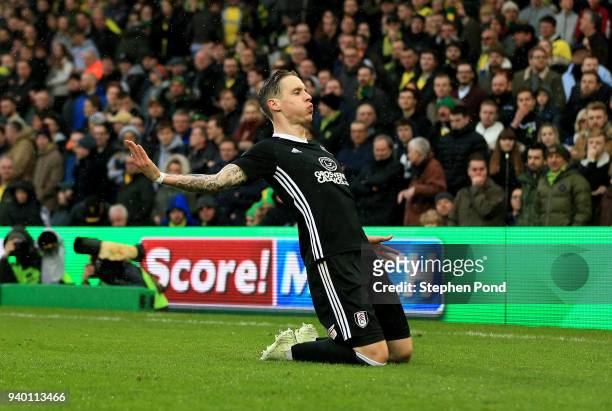 Stefan Johansen of Fulham celebrates scoring his sides first goal during the Sky Bet Championship match between Norwich City and Fulham at Carrow...