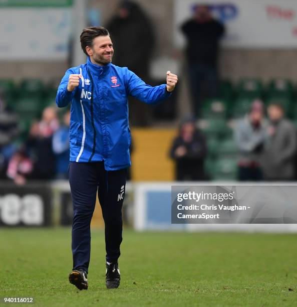 Lincoln City's assistant manager Nicky Cowley celebrates following the Sky Bet League Two match between Lincoln City and Exeter City at Sincil Bank...