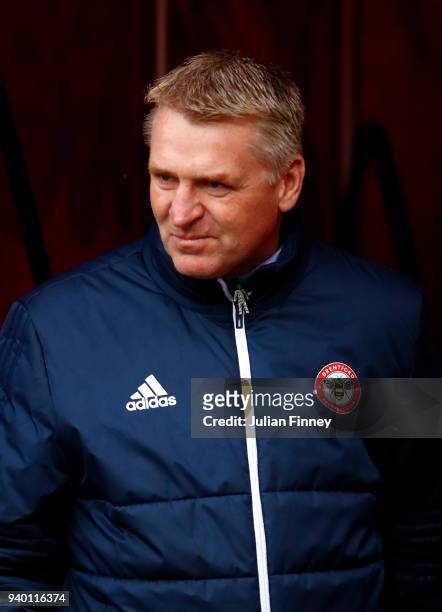 Manager of Brentford Dean Smith looks on during the Sky Bet Championship match between Brentford and Sheffield United at Griffin Park on March 30,...