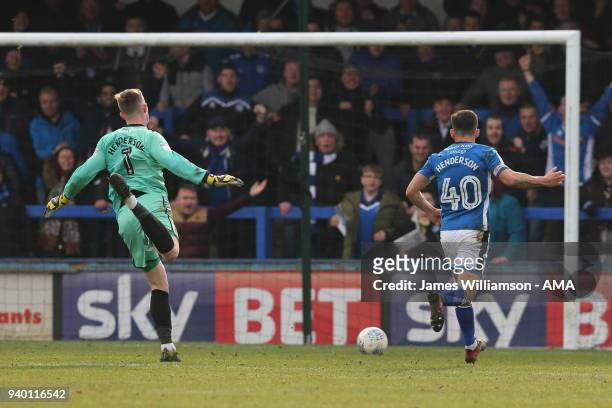 Ian Henderson of Rochdale scores a goal to make it 3-1 during the Sky Bet League One match between Rochdale and Shrewsbury Town at Spotland Stadium...