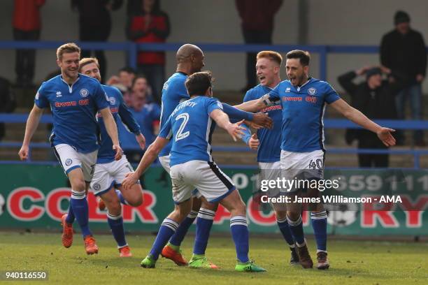 Ian Henderson of Rochdale celebrates after scoring a goal to make it 3-1 during the Sky Bet League One match between Rochdale and Shrewsbury Town at...