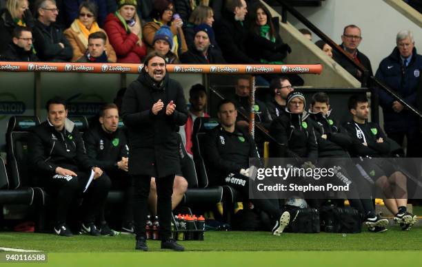Norwich City Manager Daniel Farke during the Sky Bet Championship match between Norwich City and Fulham at Carrow Road on March 30, 2018 in Norwich,...