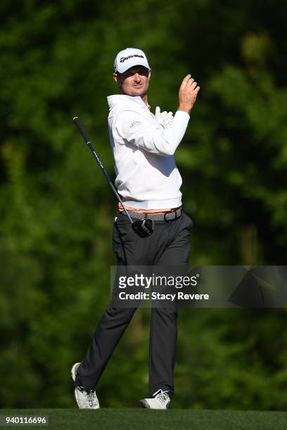 Justin Rose of England hits his tee shot on the 15th hole during the second round of the Houston Open at the Golf Club of Houston on March 30, 2018...