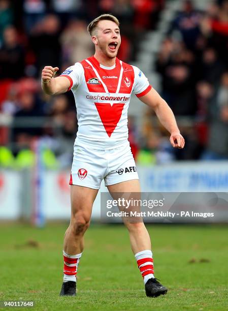 St Helens' Danny Richardson celebrates after scoring a late drop goal during the Super League match at the Totally Wicked Stadium, St Helens.