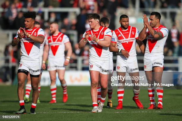 St Helens players celebrate at full time during the Super League match at the Totally Wicked Stadium, St Helens.