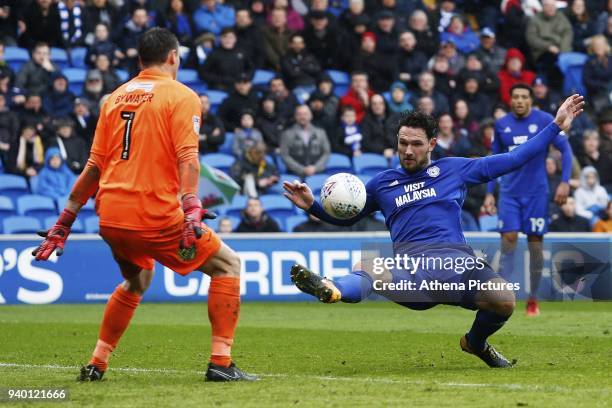 Sean Morrison of Cardiff City attempts to chip keeper Stephen Bywater of Burton Albion during the Sky Bet Championship match between Cardiff City and...