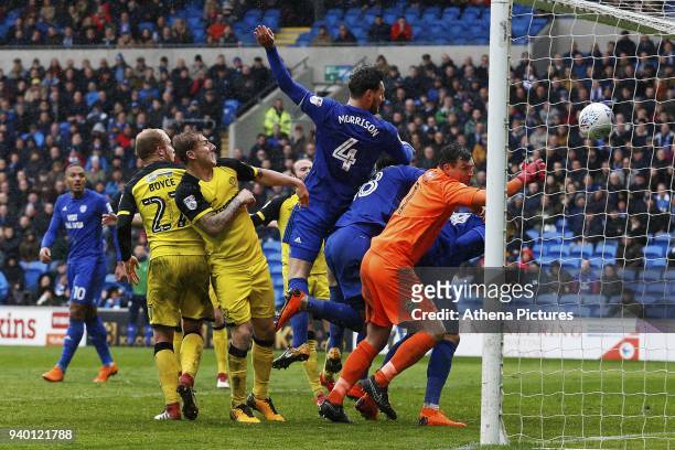 Sean Morrison of Cardiff City scores his sides third goal of the match but it is disallowed during the Sky Bet Championship match between Cardiff...
