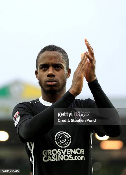 Ryan Sessegnon of Fulham celebrates victory after the Sky Bet Championship match between Norwich City and Fulham at Carrow Road on March 30, 2018 in...