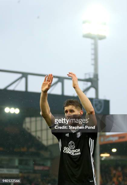 Tom Cairney of Fulham celebrates victory after the Sky Bet Championship match between Norwich City and Fulham at Carrow Road on March 30, 2018 in...