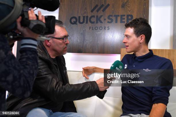 Niki Terpstra of Netherlands / Chris Picavet of Belgium / journalist / during the press conference of Team Quick-Step Floors at 102nd Tour of...