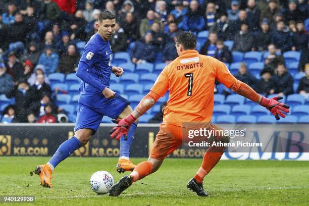 Marko Grujic of Cardiff City has a shot on goal against Stephen Bywater of Burton Albionthe Sky Bet Championship match between Cardiff City and...