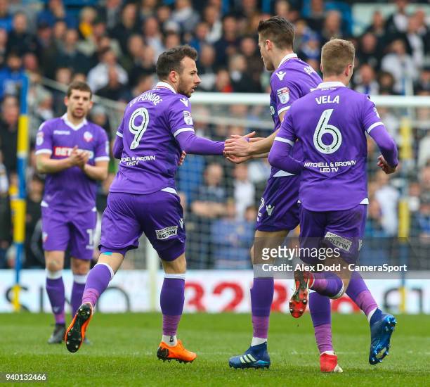 Bolton Wanderers' Adam Le Fondre celebrates scoring his side's first goal with Reece Burke during the Sky Bet Championship match between Leeds United...