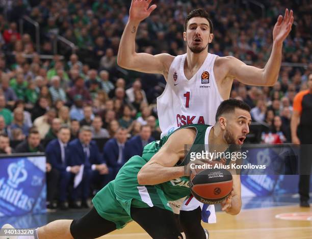 Vasilije Micic, #22 of Zalgiris Kaunas competes with Nando de Colo, #1 of CSKA Moscow in action during the 2017/2018 Turkish Airlines EuroLeague...