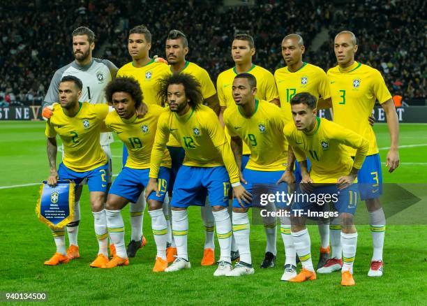 Players of Brazil pose for a team photo prior to the international friendly match between Germany and Brazil at Olympiastadion on March 27, 2018 in...