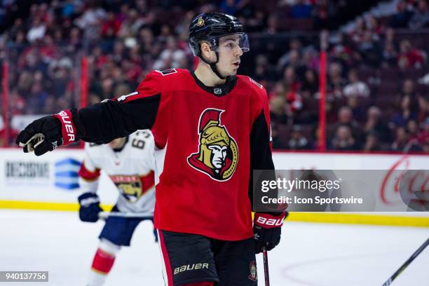 Ottawa Senators Center Jean-Gabriel Pageau gives directions prior to a face-off during third period National Hockey League action between the Florida...