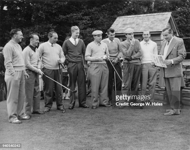 Henry Cotton , the non-playing captain of the 1953 British Ryder Cup Team, meets the seventeen potential team members at Wentworth, UK, 23rd...
