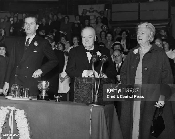 British Conservative statesman Winston Churchill , Grand Master of the Primrose League, addresses a rally at the Royal Albert Hall in London, May...
