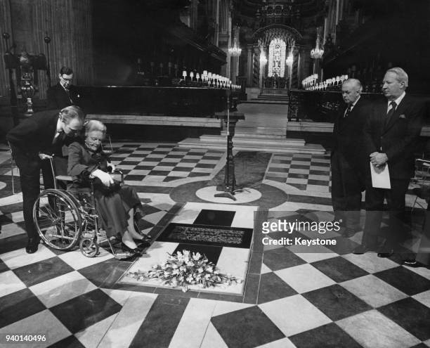 Baroness Spencer-Churchill and her grandson Winston Churchill examine a memorial tablet to her late husband, former Prime Minister Winston Churchill...