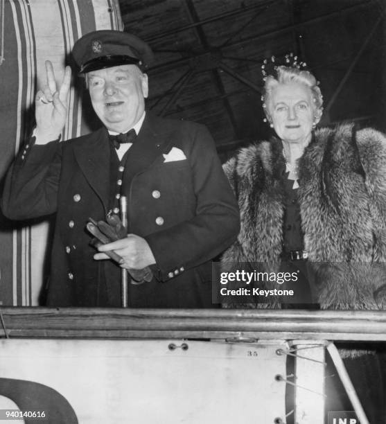 Former British Prime Minister Winston Churchill and his wife Clementine Churchill board the 'Queen Mary' for their return trip to England, after a...